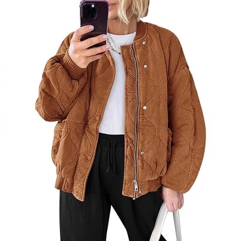 Women Quilted Bomber Jacket Casual Loose Onion Quilted Long Sleeve Padded Coat Fashion Zip Up Button Down Outerwear