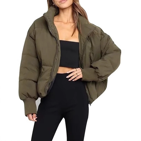 Women's Casual Short Puffer Jacket Stand Collar Zipper Quilted Bread Coat Warm Loose Solid Color Outerwear Polyester Parka
