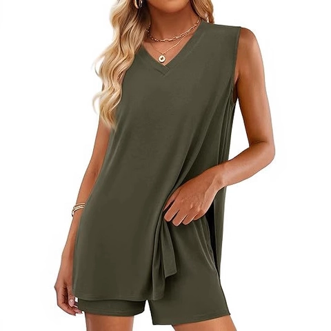 Dames Casual Zomeroutfit V-hals Mouwloos Zijspleet Lange Tanktop en Elastische Taille Shorts met Zakken Lounge Wear
