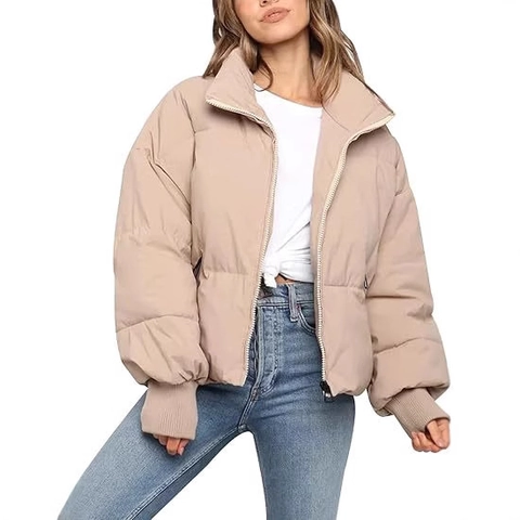 Women's Casual Short Puffer Jacket Stand Collar Zipper Quilted Bread Coat Warm Loose Solid Color Outerwear Polyester Parka