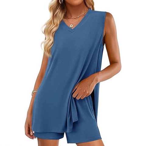 Dames Casual Zomeroutfit V-hals Mouwloos Zijspleet Lange Tanktop en Elastische Taille Shorts met Zakken Lounge Wear