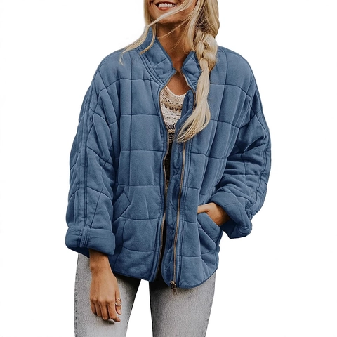 Women Casual Quilted Jacket Solid Color Stand Collar Zip Up Loose Puffer Coat Lightweight Long Sleeve Padded Jacket With Pockets