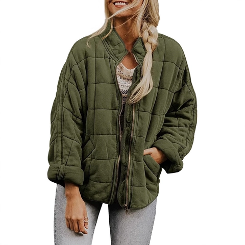 Women Casual Quilted Jacket Solid Color Stand Collar Zip Up Loose Puffer Coat Lightweight Long Sleeve Padded Jacket With Pockets