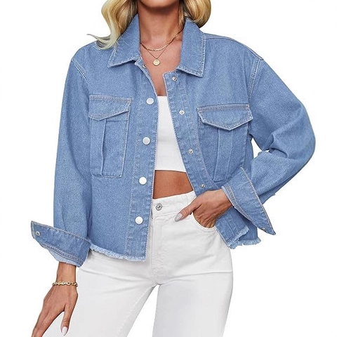 Damen Mode Gewaschene Jeansjacke Lässiges Kurz Revers Langarm Top Mit Fransigem Saum Taschen Einfarbig Oberbekleidung