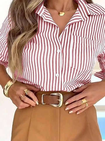 Women Striped Button Up Shirt Dress Long Sleeve Casual Collared Office Work Blouse With Pockets Polyester Lapel Striped Tops