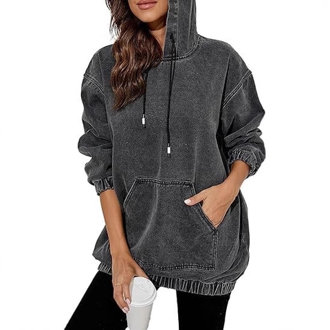 Γυναικείο Vintage Acid Wash Denim Hoodie Oversized Πουλόβερ Drop Shoulder Sweatshirt Streetwear Casual Μπουφάν με Κουκούλα και Τσέπη Καγκουρό