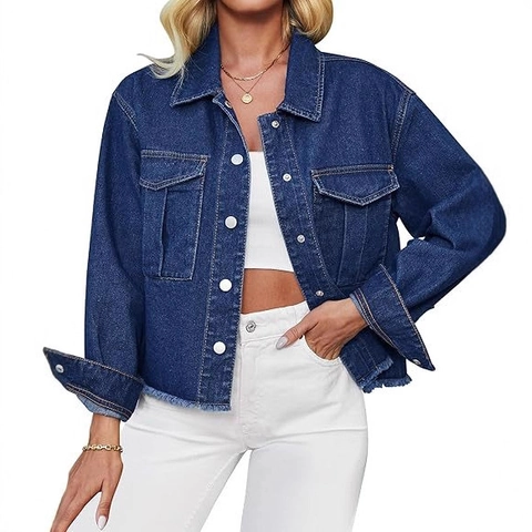 Damen Mode Gewaschene Jeansjacke Lässiges Kurz Revers Langarm Top Mit Fransigem Saum Taschen Einfarbig Oberbekleidung