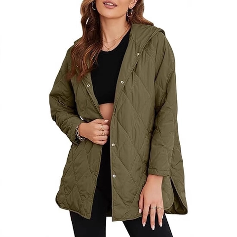 Women Casual Diamond Quilted Hooded Jacket Mid Length Single Breasted Buttons Lightweight Padded Cotton Coat Outerwear