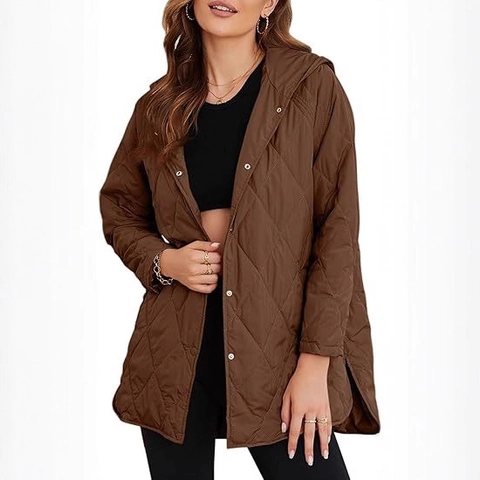 Women Casual Diamond Quilted Hooded Jacket Mid Length Single Breasted Buttons Lightweight Padded Cotton Coat Outerwear