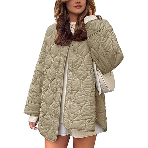 Women's Quilted Padded Jacket Round Neck Loose Long Sleeve Solid Color Mid-Length Outerwear Coat Wave Pattern Buttons