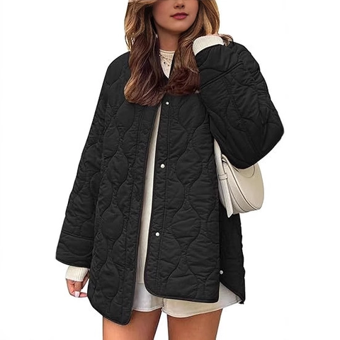 Women's Quilted Padded Jacket Round Neck Loose Long Sleeve Solid Color Mid-Length Outerwear Coat Wave Pattern Buttons