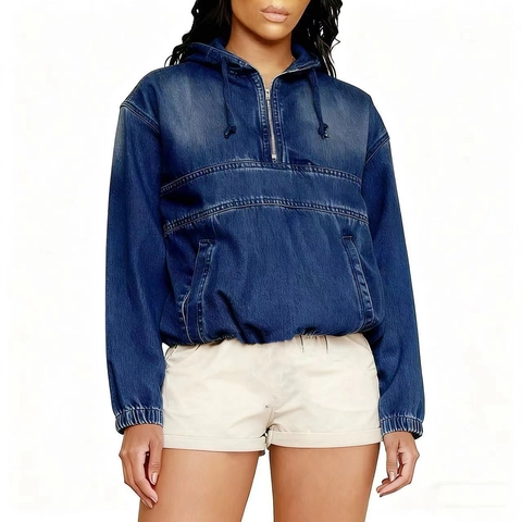 Women Denim Hooded Jacket Half Zipper Long Sleeve Loose Washed Anorak Coat Casual Streetwear Fashion Outerwear