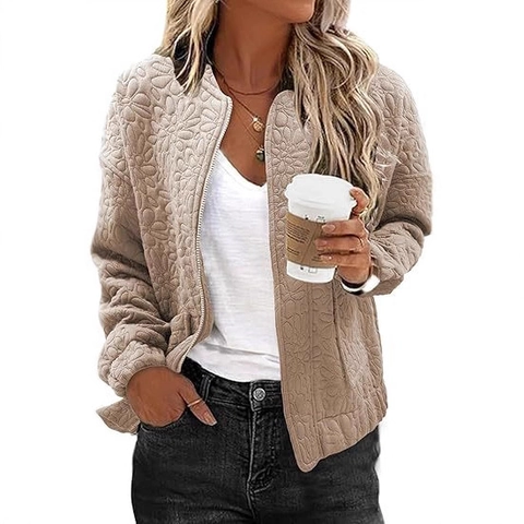 Women 3D Floral Textured Jacket Casual Long Sleeve Zip Up Stand Collar Loose Outerwear Spring Autumn Solid Color Coat