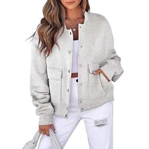 Damen Casual Bomberjacke Mit Rundhals Zwei Pattentaschen Einfarbig Langarm Rippbündchen Druckknopf Mantel