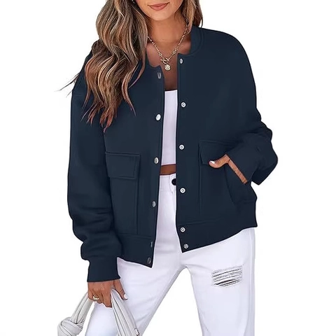 Damen Casual Bomberjacke Mit Rundhals Zwei Pattentaschen Einfarbig Langarm Rippbündchen Druckknopf Mantel