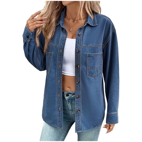 Chemise en Jean Délavé Vintage pour Femmes Chemisier à Manches Longues Boutonné Top Ample Décontracté avec Poches