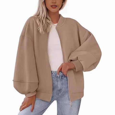 Giacca Sportiva Oversize da Donna con Cerniera Bomber Collo Baseball Manica a Lanterna Casual Tinta Unita Autunno Inverno