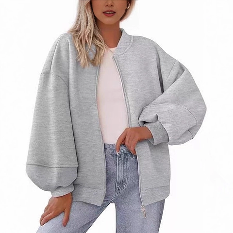 Giacca Sportiva Oversize da Donna con Cerniera Bomber Collo Baseball Manica a Lanterna Casual Tinta Unita Autunno Inverno