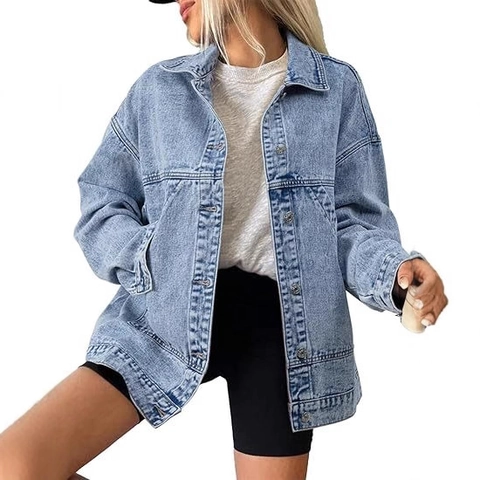Women Oversized Denim Jacket Washed Cotton Jean Coat Button Down Lapel Long Sleeve Outerwear For Casual Street Streetwear