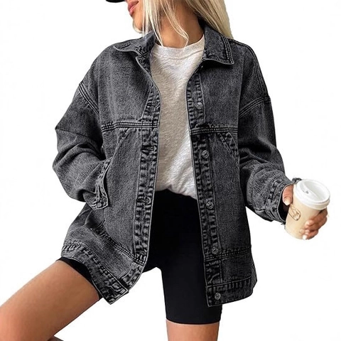 Women Oversized Denim Jacket Washed Cotton Jean Coat Button Down Lapel Long Sleeve Outerwear For Casual Street Streetwear