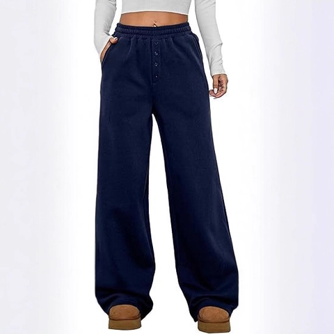 Dames Hoge Taille Wijde Pijpen Joggingbroek Fleece Gevoerd Baggy Sportbroek Met Knoopdecoratie Zakken Casual Losse Fleece Pantalon