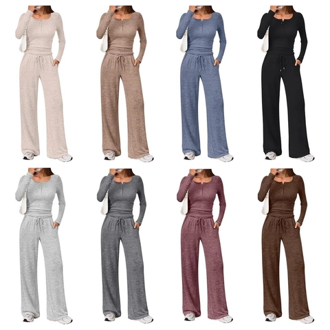 Women Casual Solid Color Two Piece Set Knit Long Sleeve Henley Top Wide Leg Pants Drawstring High Waist Loungewear Outfit