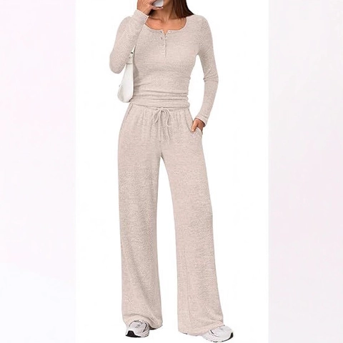 Women Casual Solid Color Two Piece Set Knit Long Sleeve Henley Top Wide Leg Pants Drawstring High Waist Loungewear Outfit