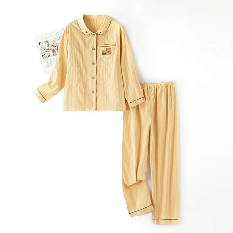 Set Pigiama da Donna in Cotone Con Ricamo Orsetto in Vaso Manica Lunga Corta Con Bottoni Bordatura a Contrasto Loungewear