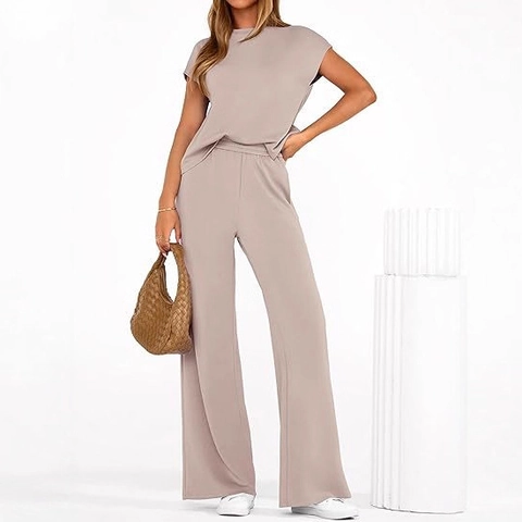 Damen Casual Zweiteiler Einfarbig Rundhals Top Und Hohe Taille Weites Bein Hose Lounge Set Mode Trainingsanzug