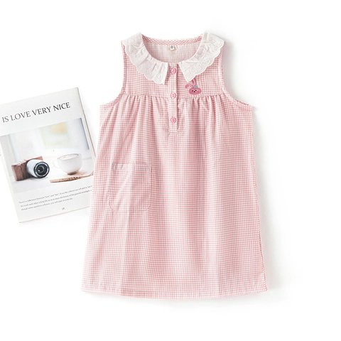 Pigiama per Bambini in Cotone a Quadretti Ricamo Cartoni Animati Camicia da Notte Senza Maniche Manica Corta per Ragazzi Ragazze