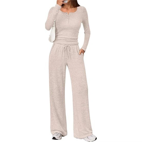Abbigliamento da Casa da Donna Casual Tinta Unita Manica Lunga Top e Bottom Minimalista Scollo Henley in Maglia a Costine per Autunno Inverno