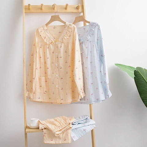 Damen Süßes Baumwollgaze Pyjama-Set Kirschdruck Gingham V-Ausschnitt Langarm Top und Hose Süße Homewear Schlafanzug-Set