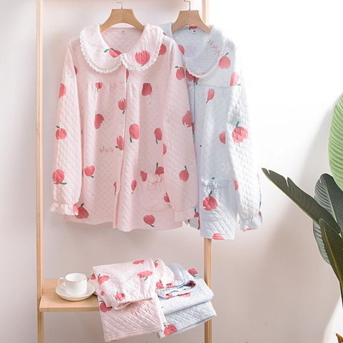 Women Quilted Pajamas Set Warm Thickened Cotton Peach Print Homewear Long Sleeve Button Down Peter Pan Collar Lace Sleepwear