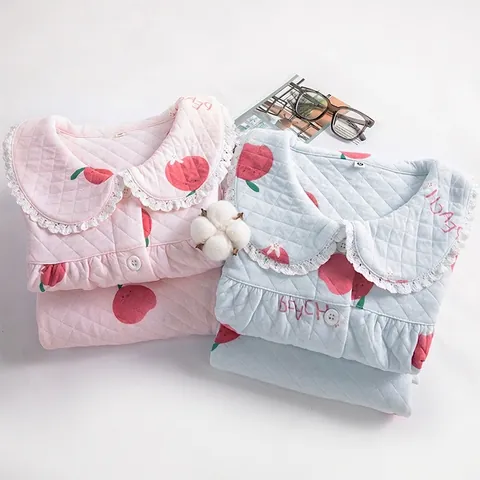 Women Quilted Pajamas Set Warm Thickened Cotton Peach Print Homewear Long Sleeve Button Down Peter Pan Collar Lace Sleepwear
