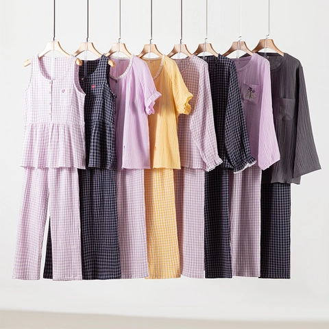 Pigiama in Doppia Garza di Cotone per Coppia Gingham Ricamo Abbigliamento da Notte Manica Lunga Corta Senza Maniche Donna Uomo