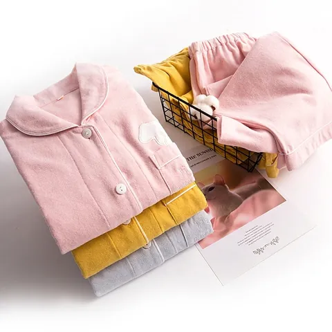 Dames Pyjama Set 100% Katoen Geborsteld Lange Mouw Top en Broek Schattige Paddestoel Kat Geborduurd Nachtkleding Huispak