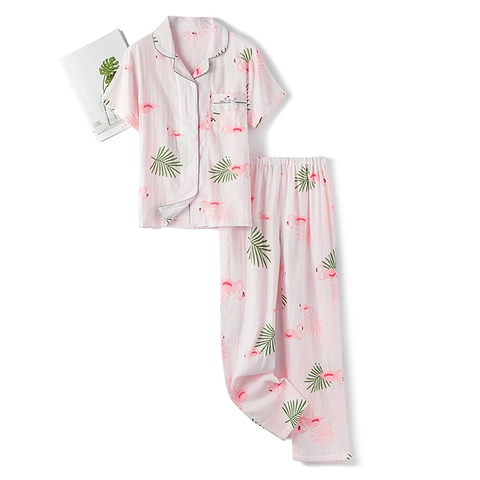 Flamingo Palm Leaf Print Pajama Set Cotton Double Layer Gauze Top And Pants Loungewear Women Sleepwear Casual Home Suit