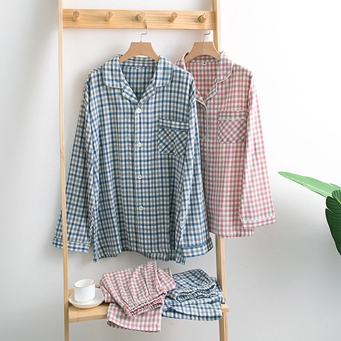 Japanese Style All Cotton Double Gauze Plaid Pajamas Set Men Women Breathable Soft Lapel Sleepwear Home Service Suit