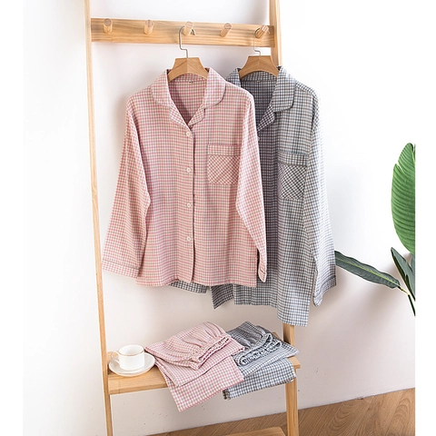 Set Pigiama Gingham in Cotone 100% Spazzolato per Coppie Donna Uomo Manica Lunga Revers Quadretti Abbigliamento da Notte Set Casa