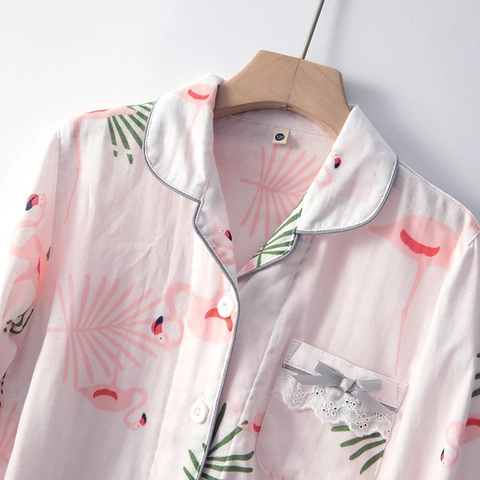 Girls Cute Flamingo Palm Print Pajama Set Soft Cotton Double Layer Gauze Loungewear Long Short Sleeve Top And Pants For Kids
