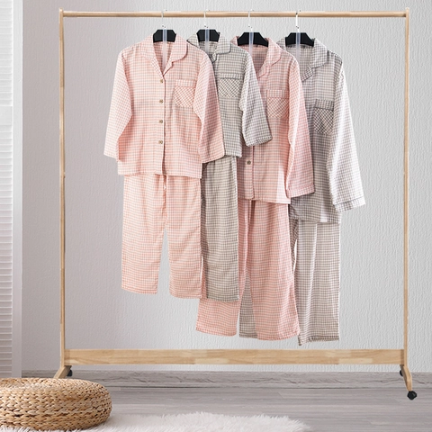Minimalist Gingham Cotton Pajama Top And Pants For Couples Breathable Double Layer Gauze Japanese Style Soft Sleepwear