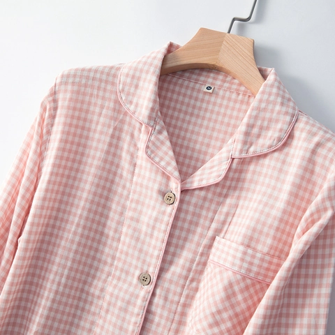 Minimalist Gingham Cotton Pajama Top And Pants For Couples Breathable Double Layer Gauze Japanese Style Soft Sleepwear