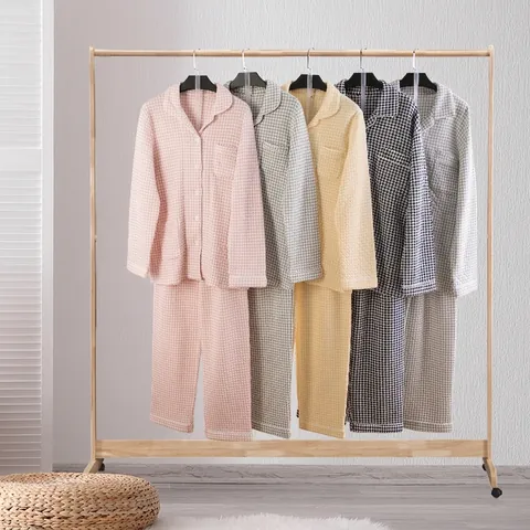 Set Pigiama di Coppia in Cotone Pied de Poule Ispessito Strato Aria Trapuntato Manica Lunga Abbigliamento da Casa per Donna Uomo
