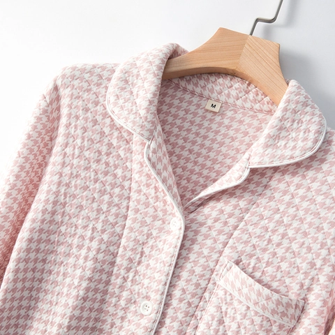 Set Pigiama di Coppia in Cotone Pied de Poule Ispessito Strato Aria Trapuntato Manica Lunga Abbigliamento da Casa per Donna Uomo