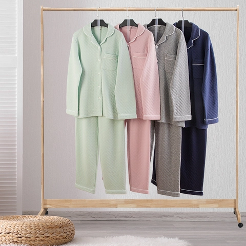 Gesteppter Baumwolle Schlafanzug Set Für Damen Herren Langarm Winter Warm Homewear Knöpfe Nachtwäsche Kontrast Bies Einfarbig