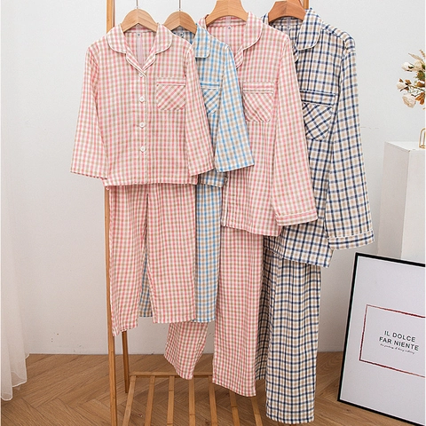 Cotton Plaid Pajama Set For Couples Double Layer Gauze Plaid Sleepwear Long Short Sleeve Top And Pants Homewear