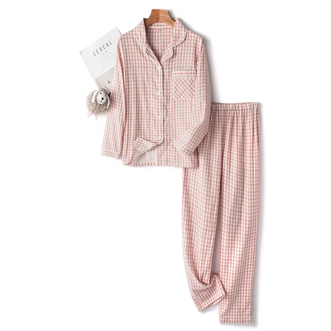 Cotton Plaid Pajama Set For Couples Double Layer Gauze Plaid Sleepwear Long Short Sleeve Top And Pants Homewear