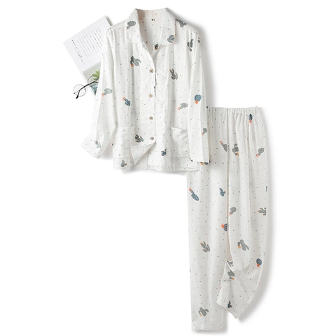 Damen 100% Baumwolle Doppellagige Gaze Schlafanzug-Set Kaktus Druck Langarm Top Und Hose Casual Nachtwäsche Home Wear