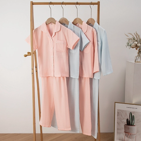 Kids 100 Percent Cotton Double Gauze Plaid Pajamas Set Soft Breathable Long Short Sleeve Sleepwear For Boys Girls