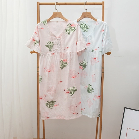 Camicia da Notte Donna Manica Corta Cotone Stampa Fenicottero Scollo a V Garza a Doppio Strato Abito da Notte Casual